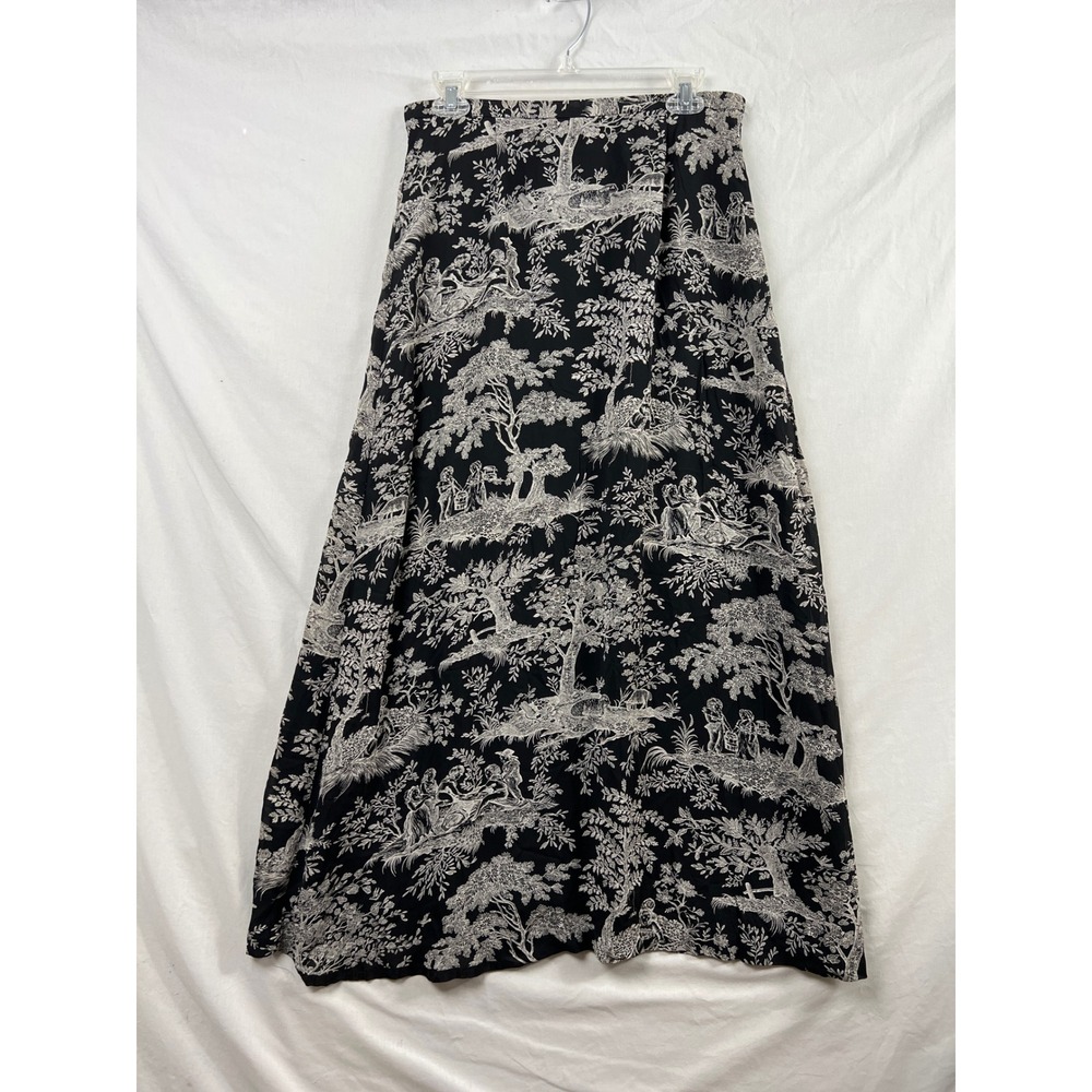 Talbots Maxi Skirt Womens 10 Black Toile De Jouy Print A-Line Viscose Lined